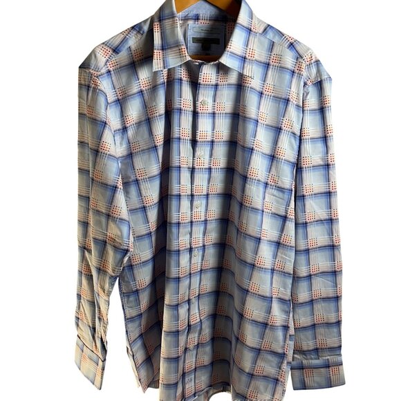 Johnston & Murphy NWT Tailored Fit Shirt Sz L Grid Plaid Blue Rainbow MSRP $148 - Picture 2 of 5